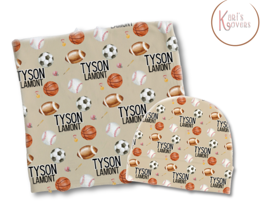 Sports Personalized Baby Blanket & Hat Set – Custom Newborn Announcement Gift
