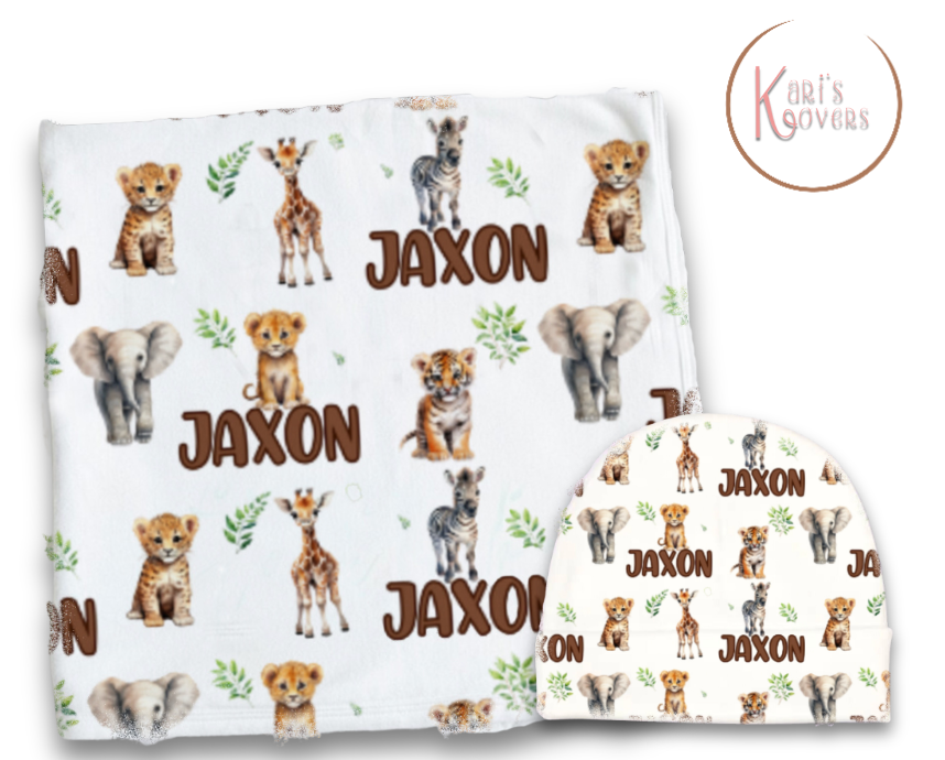 Safari Personalized Baby Blanket & Hat Set – Custom Newborn Announcement Gift