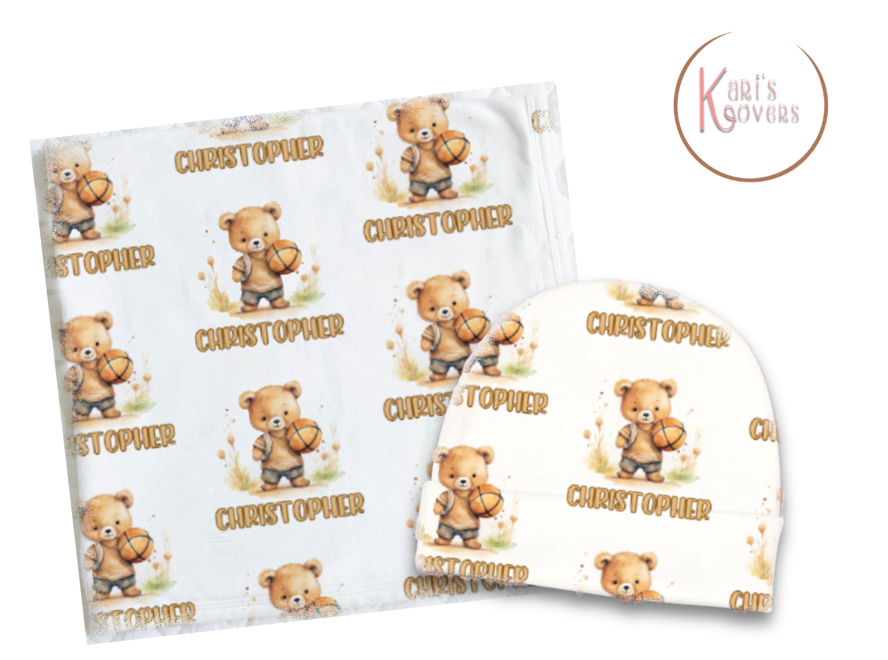 Basketball and Teddy Bear Personalized Baby Blanket & Hat Set – Custom Newborn Announcement Gift