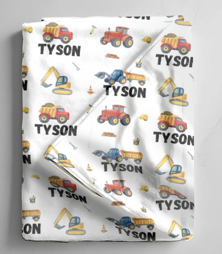 Construction Tucks Personalized Baby Blanket & Hat Set – Custom Newborn Announcement Gift