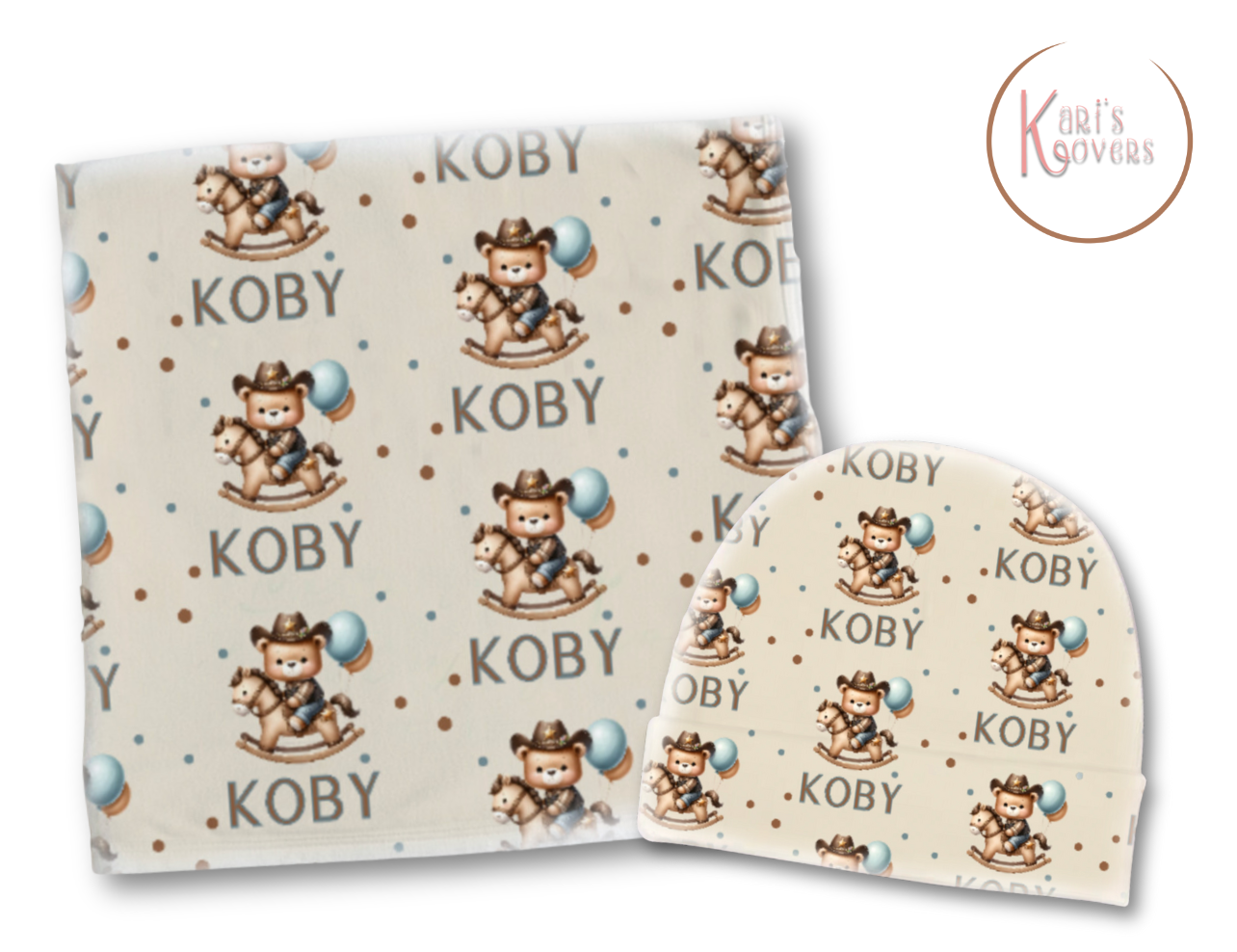 Cowboy Teddybear Personalized Baby Blanket & Hat Set – Custom Newborn Announcement Gift