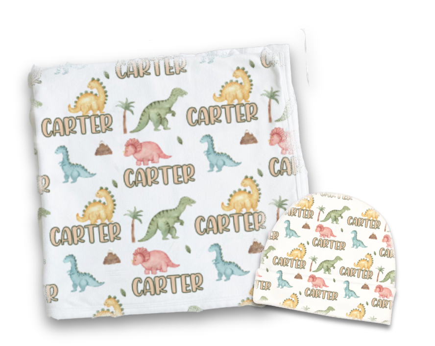 Dinosaur Personalized Baby Blanket & Hat Set – Custom Newborn Announcement Gift