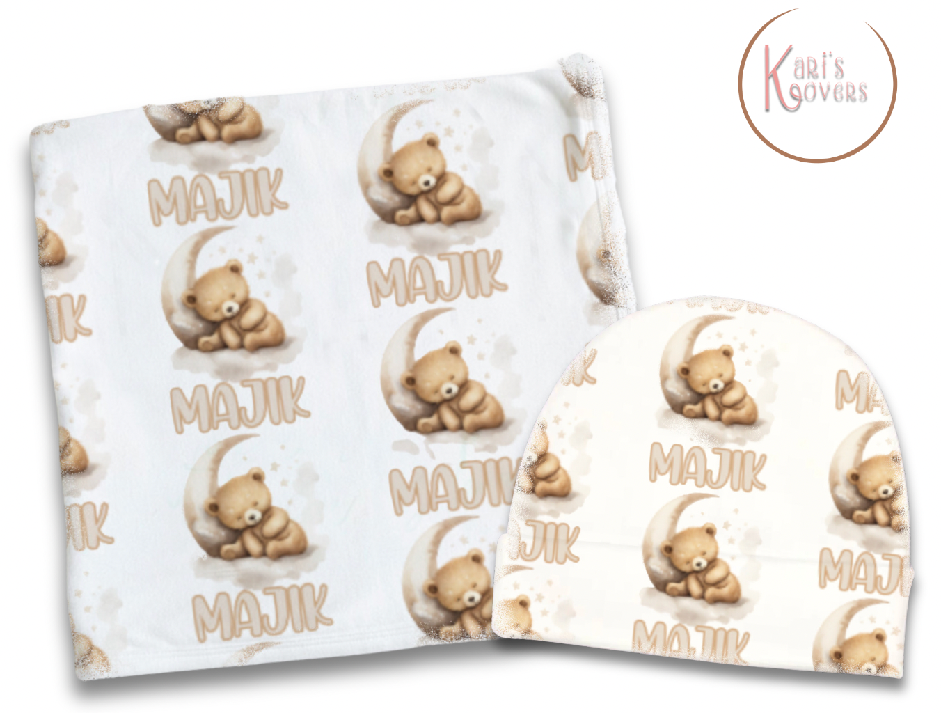 Teddy bear and moon Personalized Baby Blanket & Hat Set – Custom Newborn Announcement Gift