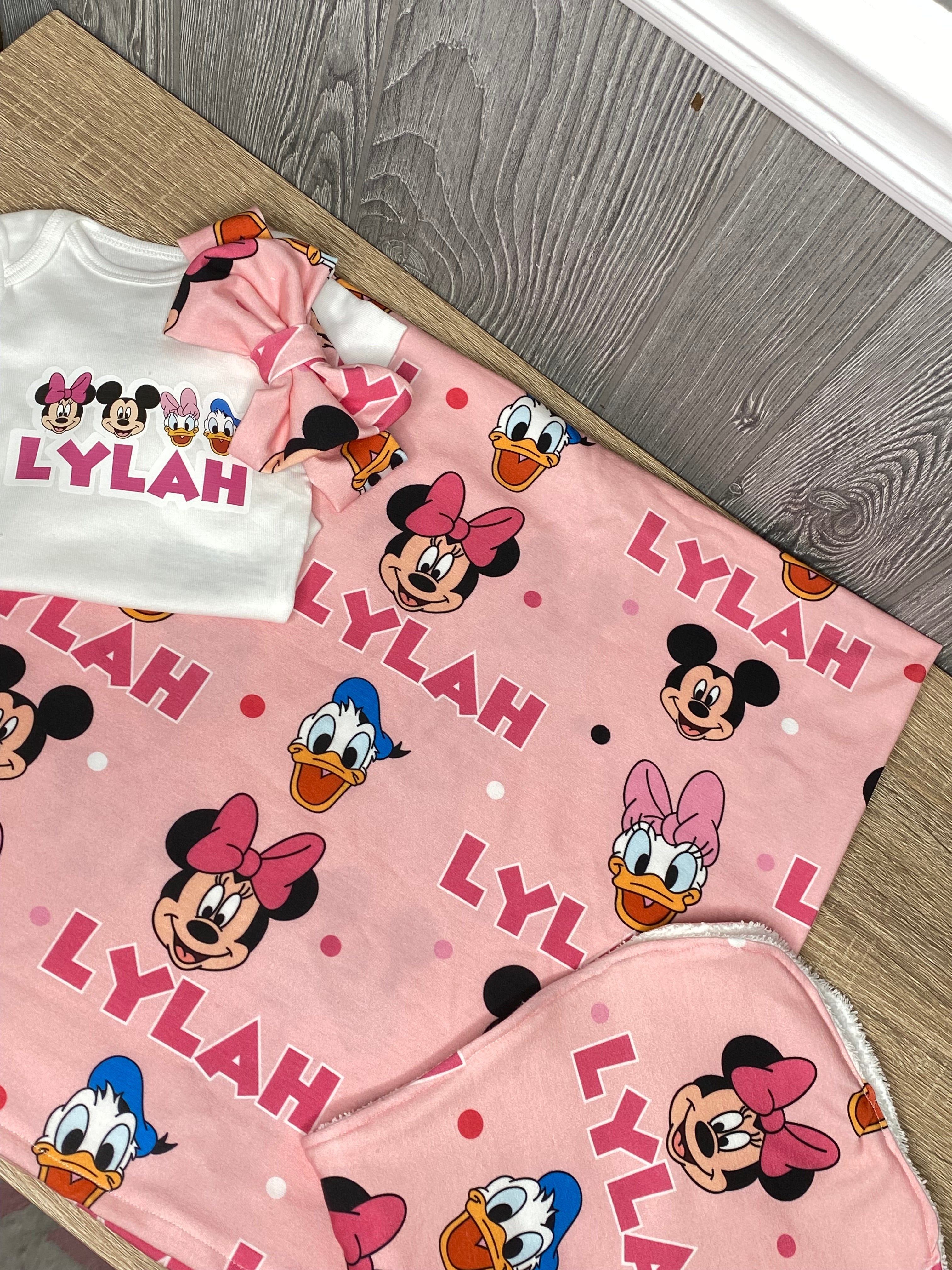 Pink Minnie Mouse and Friends Personalized Baby Blanket & Headband Set – Custom Newborn Announcement Gift