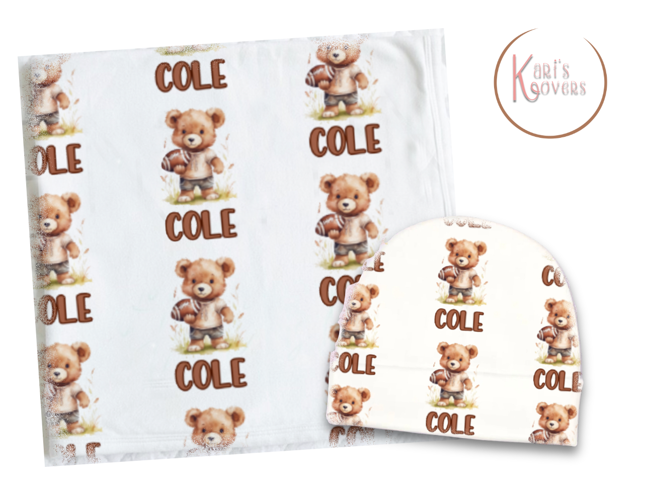 Football and Teddy Bear Baby Blanket & Hat Set – Custom Newborn Announcement Gift