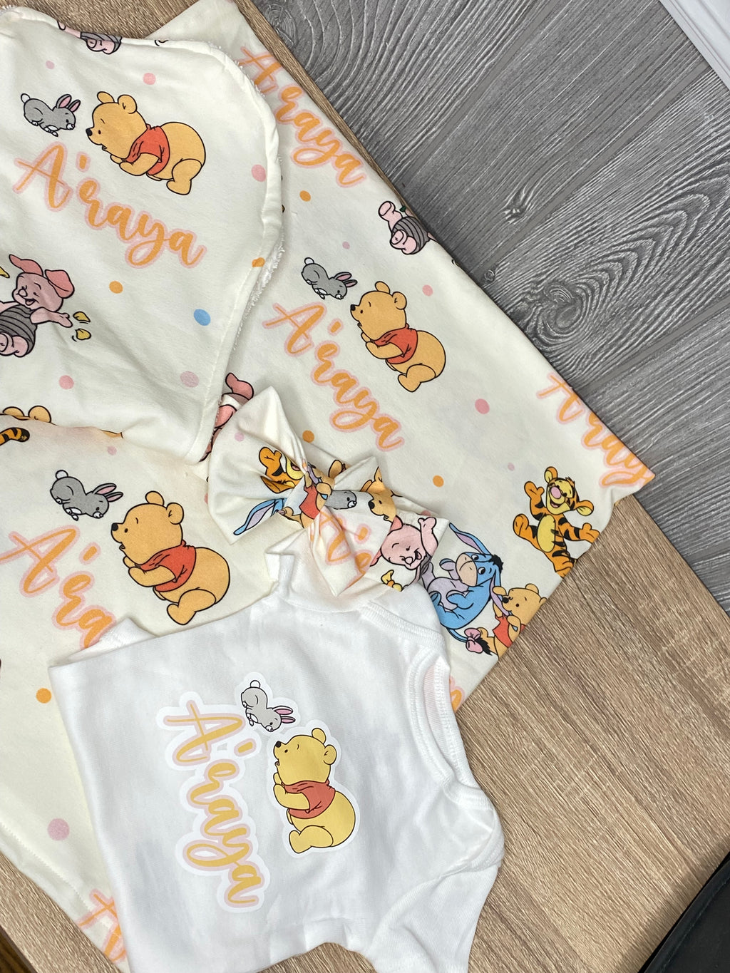 Pink Winnie the Pooh Personalized Baby Blanket & Headband Set – Custom Newborn Announcement Gift
