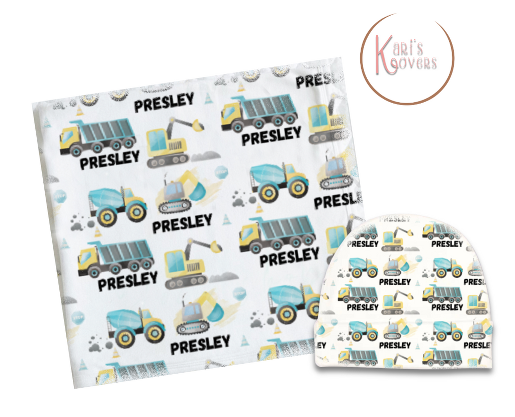 Blue TrucksPersonalized Baby Blanket & Hat Set – Custom Newborn Announcement Gift