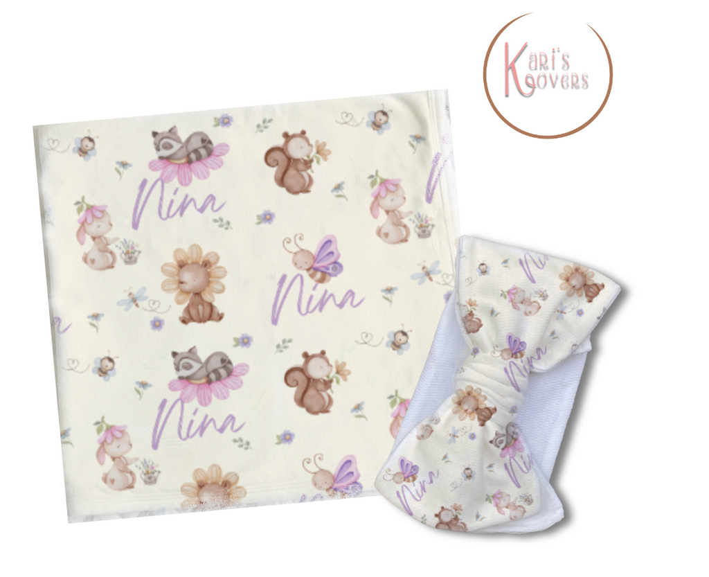 Animals and Spring Flowers Personalized Baby Blanket & Headband Set – Custom Newborn Announcement Gift