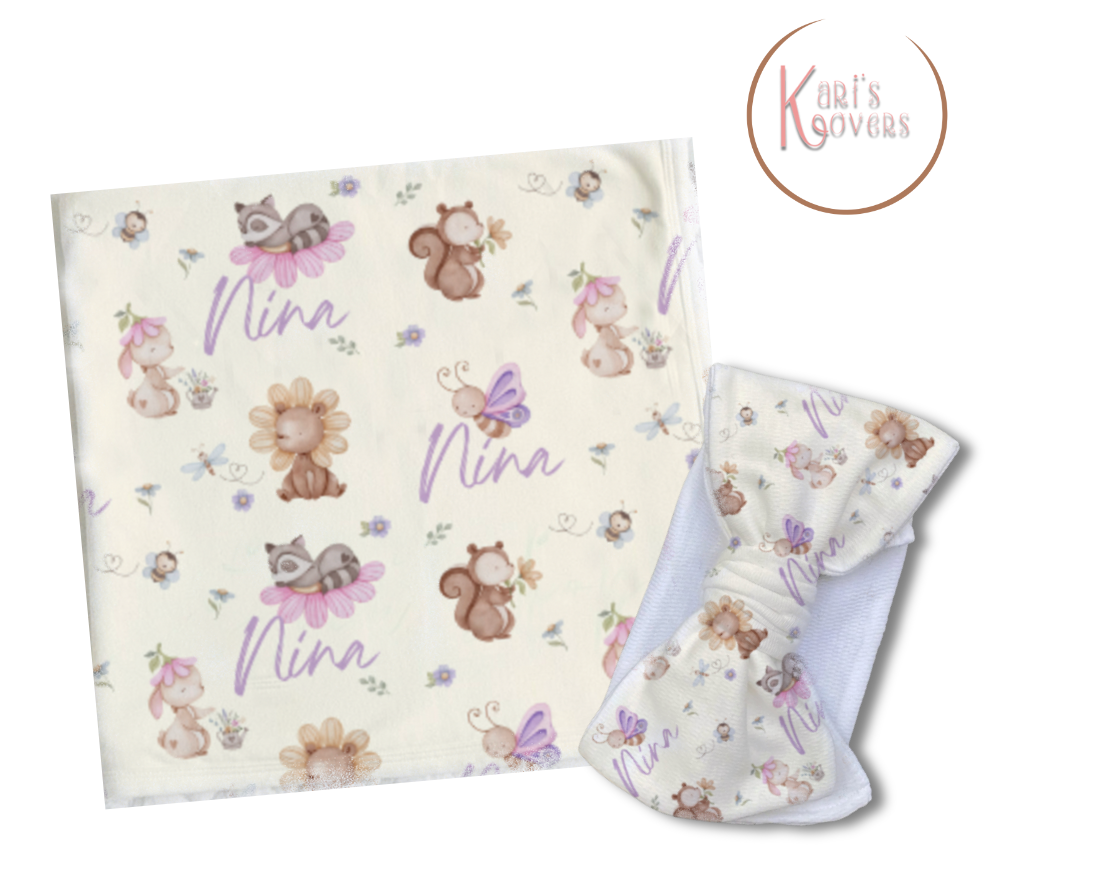 Animals and Spring Flowers Personalized Baby Blanket & Headband Set – Custom Newborn Announcement Gift