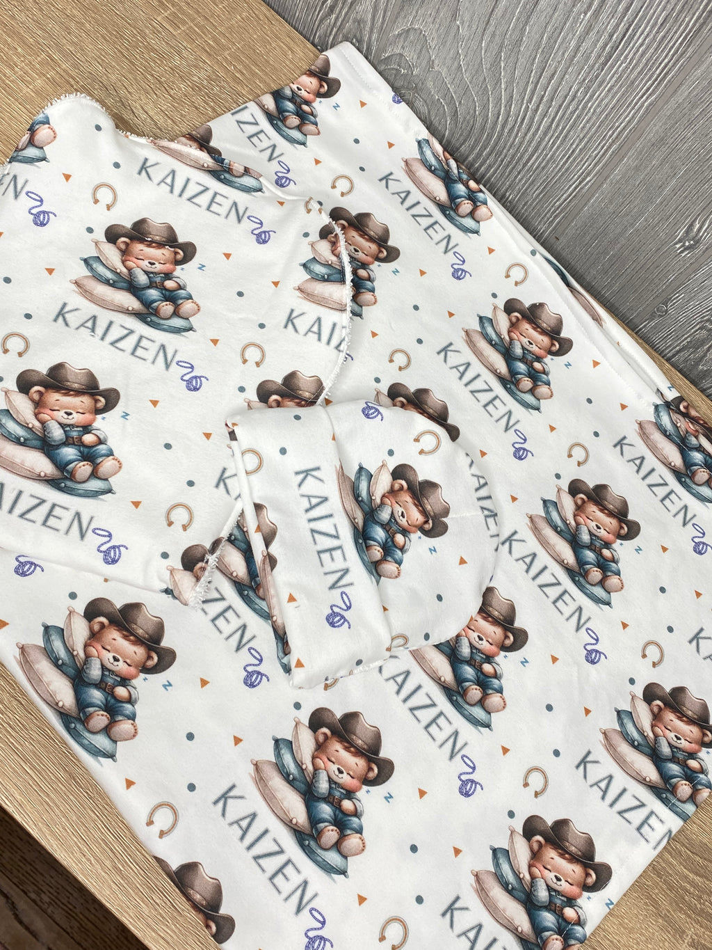 Sleepy Cowboy Teddy Bear Personalized Baby Blanket & Hat Set – Custom Newborn Announcement Gift