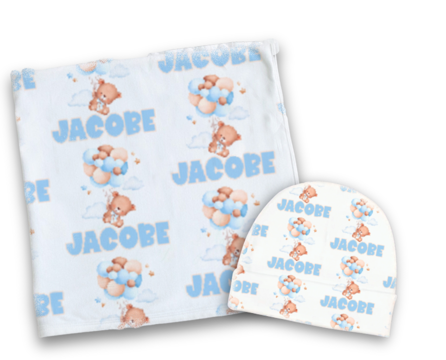 Blue Teddy Bear Personalized Baby Blanket & Hat Set – Custom Newborn Announcement Gift