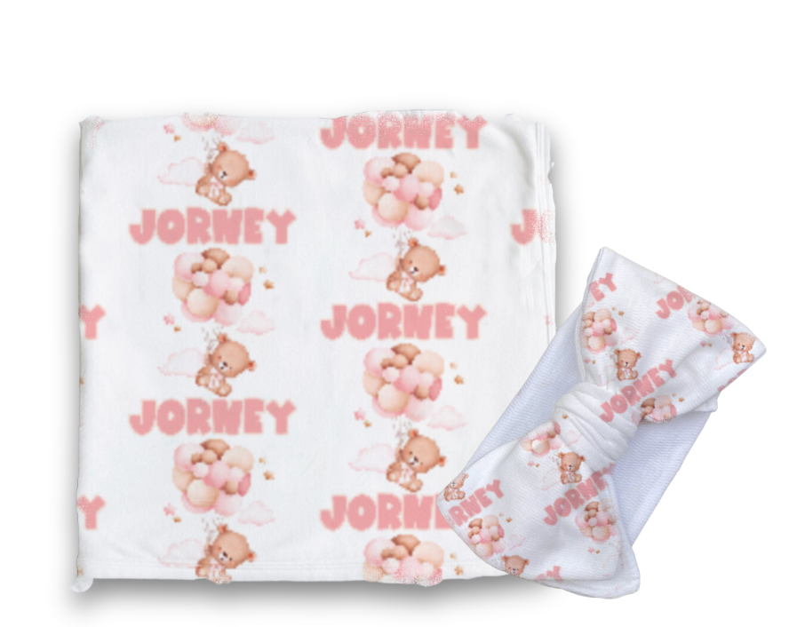 Pink Teddy Bear Personalized Baby Blanket & Head Set – Custom Newborn Announcement Gift