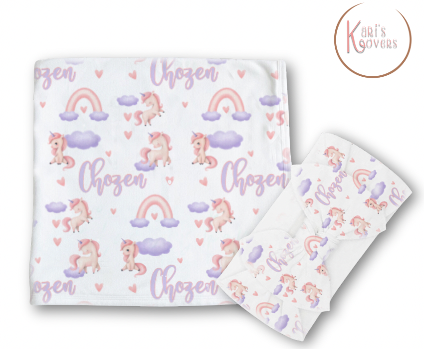 Unicorn Personalized Baby Blanket & Headband Set – Custom Newborn Announcement Gift